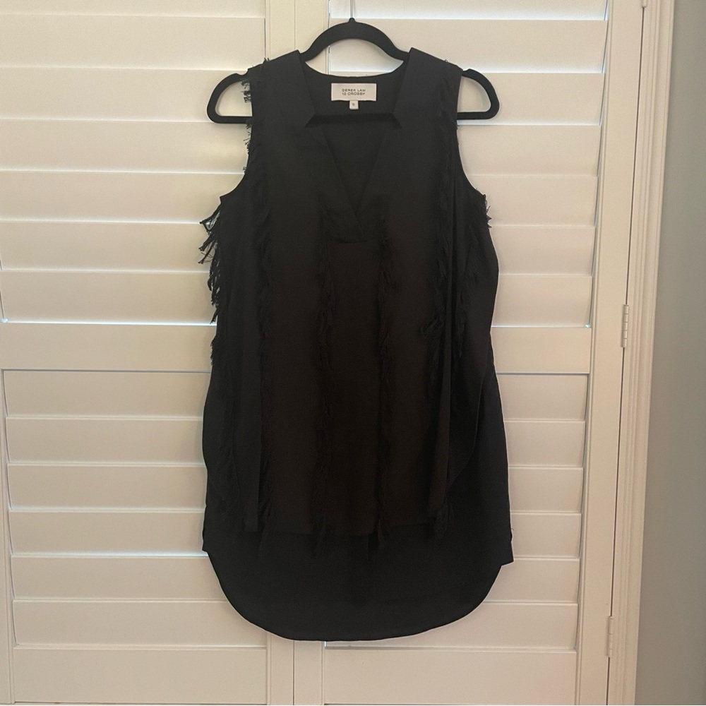 10 Crosby Derek Lam Sleeveless Collared Fringe Dress Cotton Silk Blend Black